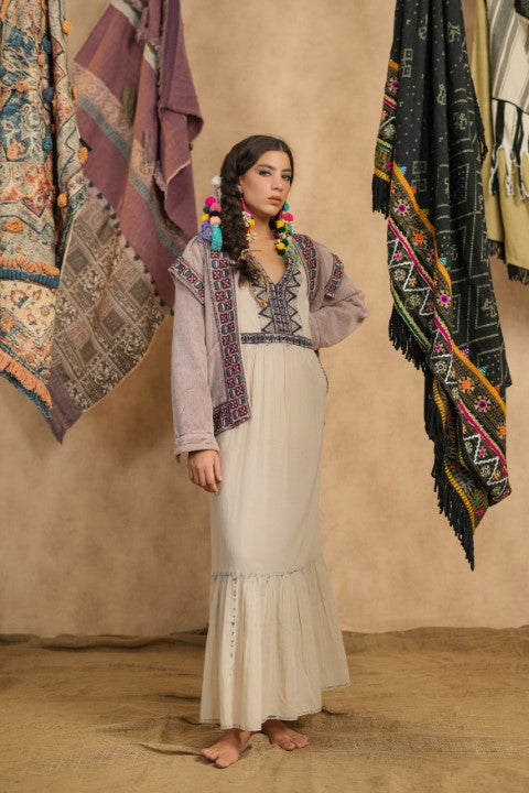 Women Cotton Twill Embroidered Jacket With Belt, Pocket