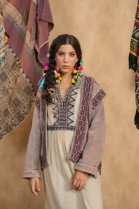 Women Cotton Twill Embroidered Jacket With Belt, Pocket