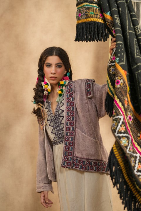 Women Cotton Twill Embroidered Jacket With Belt, Pocket
