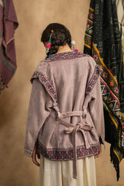 Women Cotton Twill Embroidered Jacket With Belt, Pocket