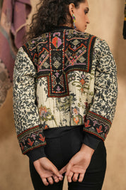 Black & Beige Hand-Embroidered Ethnic Bomber Jacket – Multicolor Threadwork, Front Zip, Festive Fashion Layer