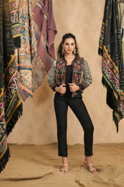 Black & Beige Hand-Embroidered Ethnic Bomber Jacket – Multicolor Threadwork, Front Zip, Festive Fashion Layer