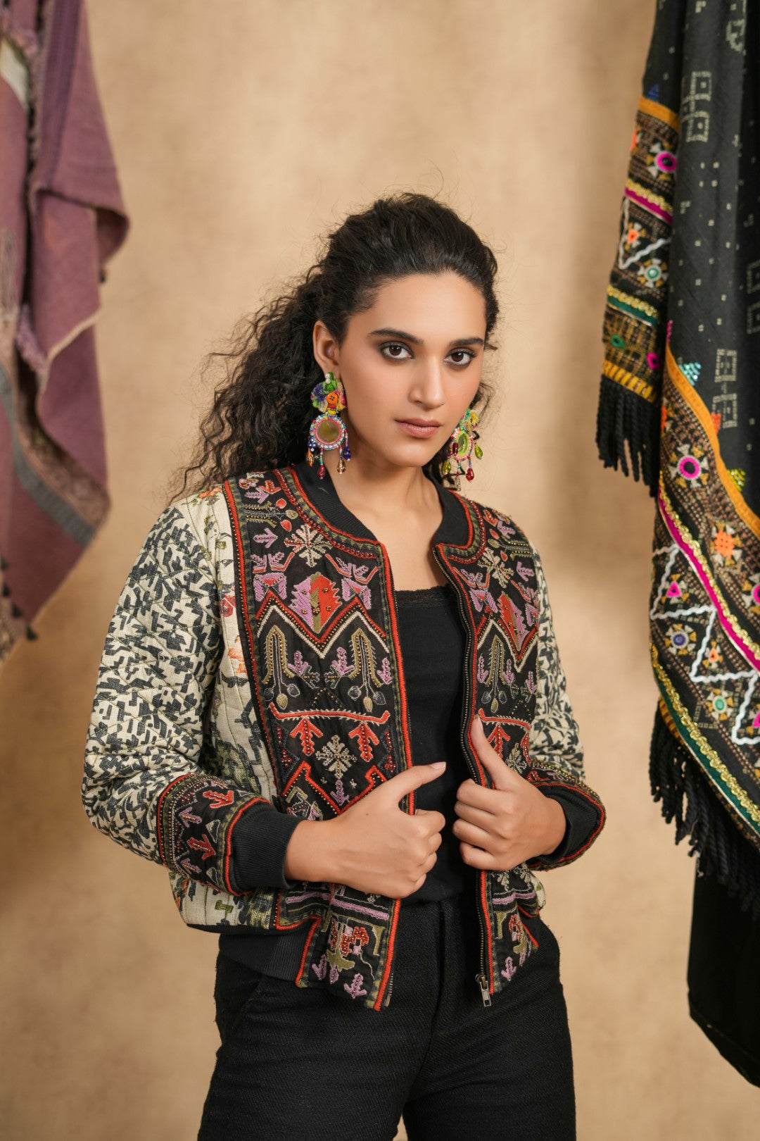 Black & Beige Hand-Embroidered Ethnic Bomber Jacket – Multicolor Threadwork, Front Zip, Festive Fashion Layer