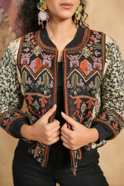 Black & Beige Hand-Embroidered Ethnic Bomber Jacket – Multicolor Threadwork, Front Zip, Festive Fashion Layer