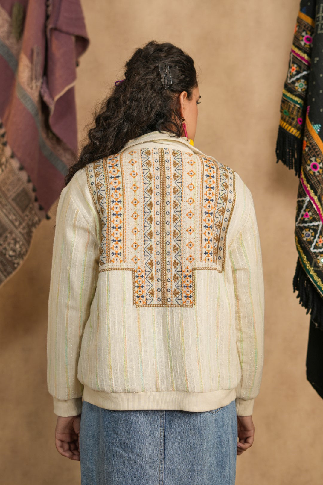 Women Cotton Yarn Dye Stripes & Embroidered Jacket