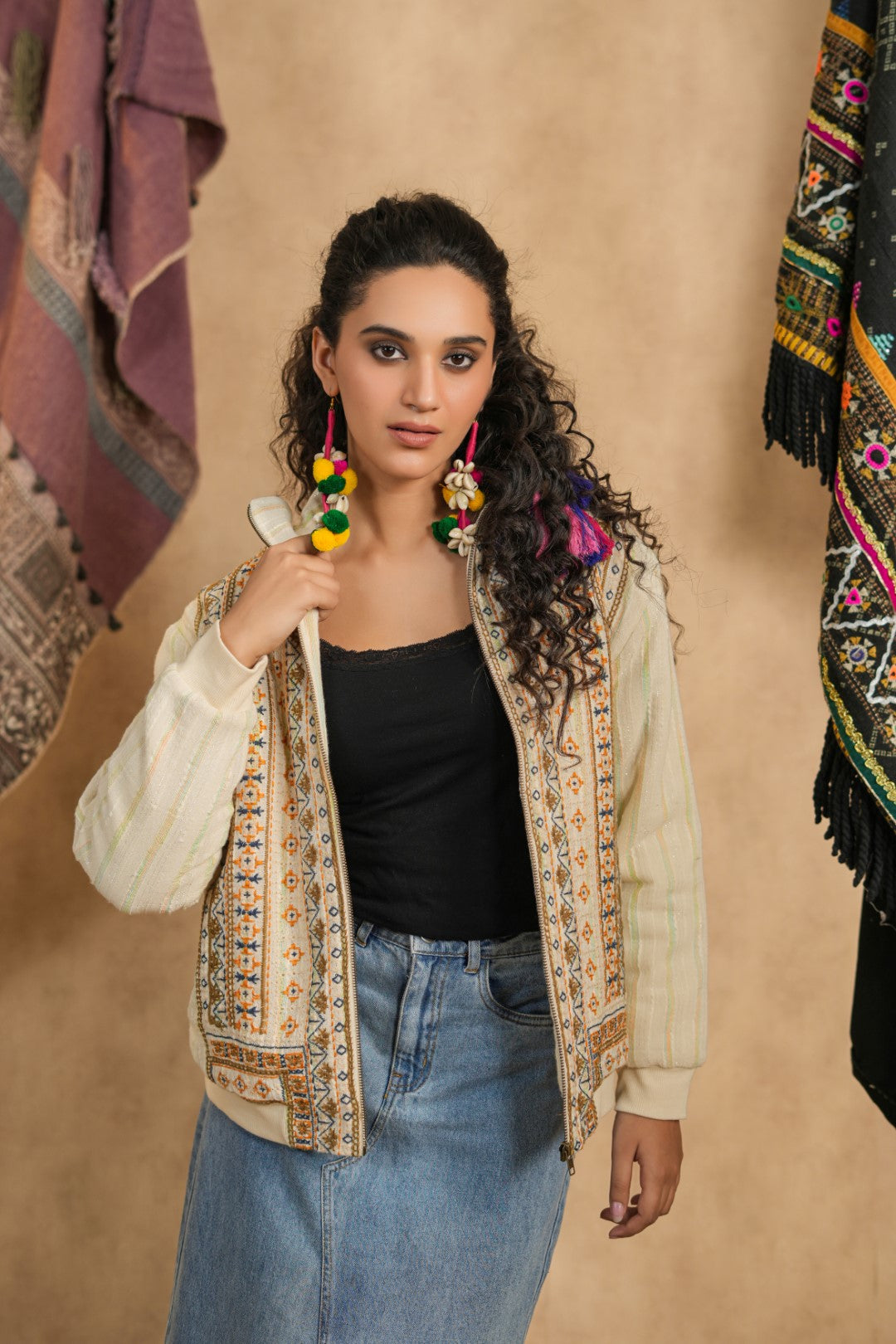 Women Cotton Yarn Dye Stripes & Embroidered Jacket