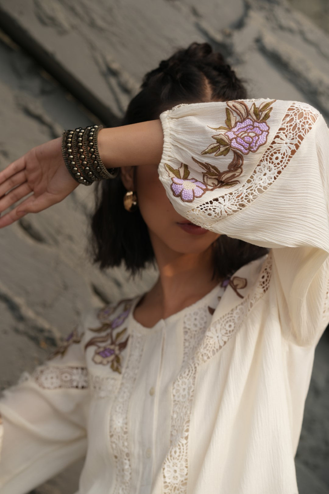 Women Crepe Embroidered & Lace Work Top