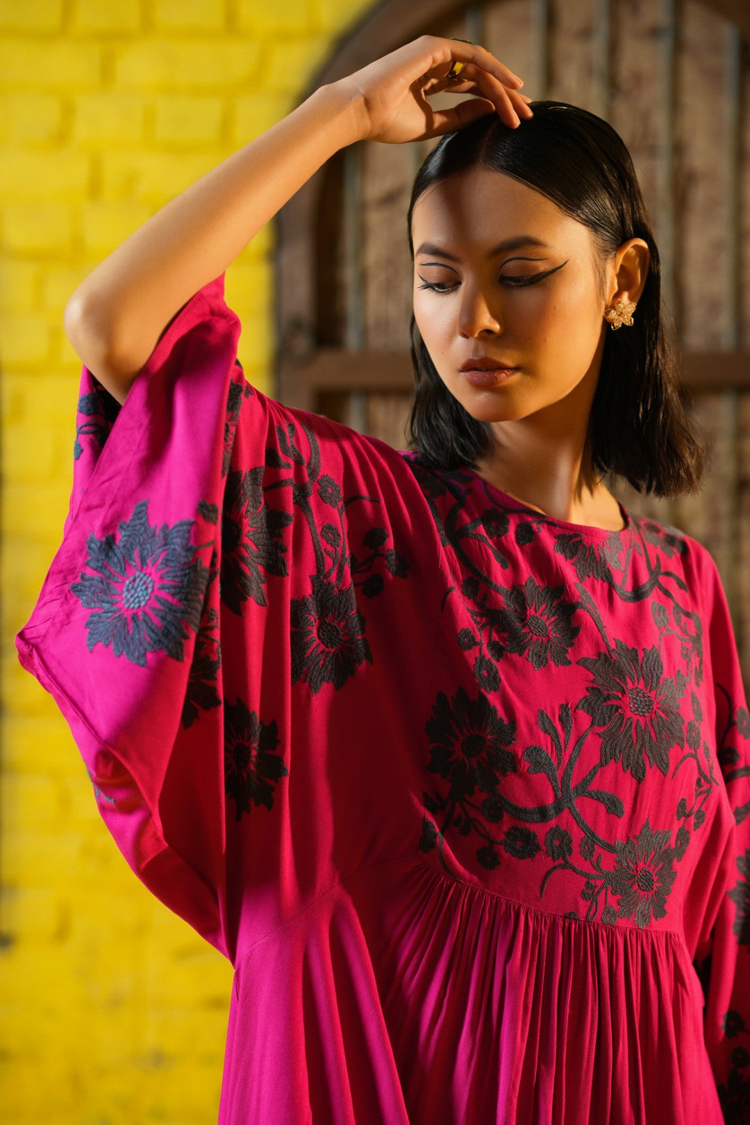 Women Viscose Embroidered Flared Midi Dress