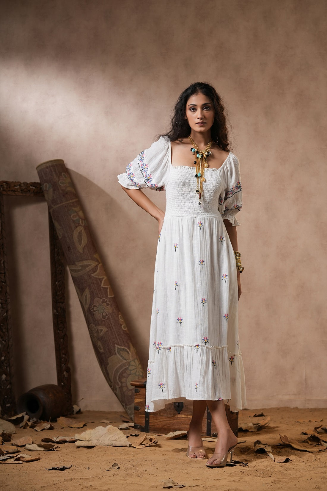 Women White Cotton Smocking Embroidered A-line Midi Dress with Pocket