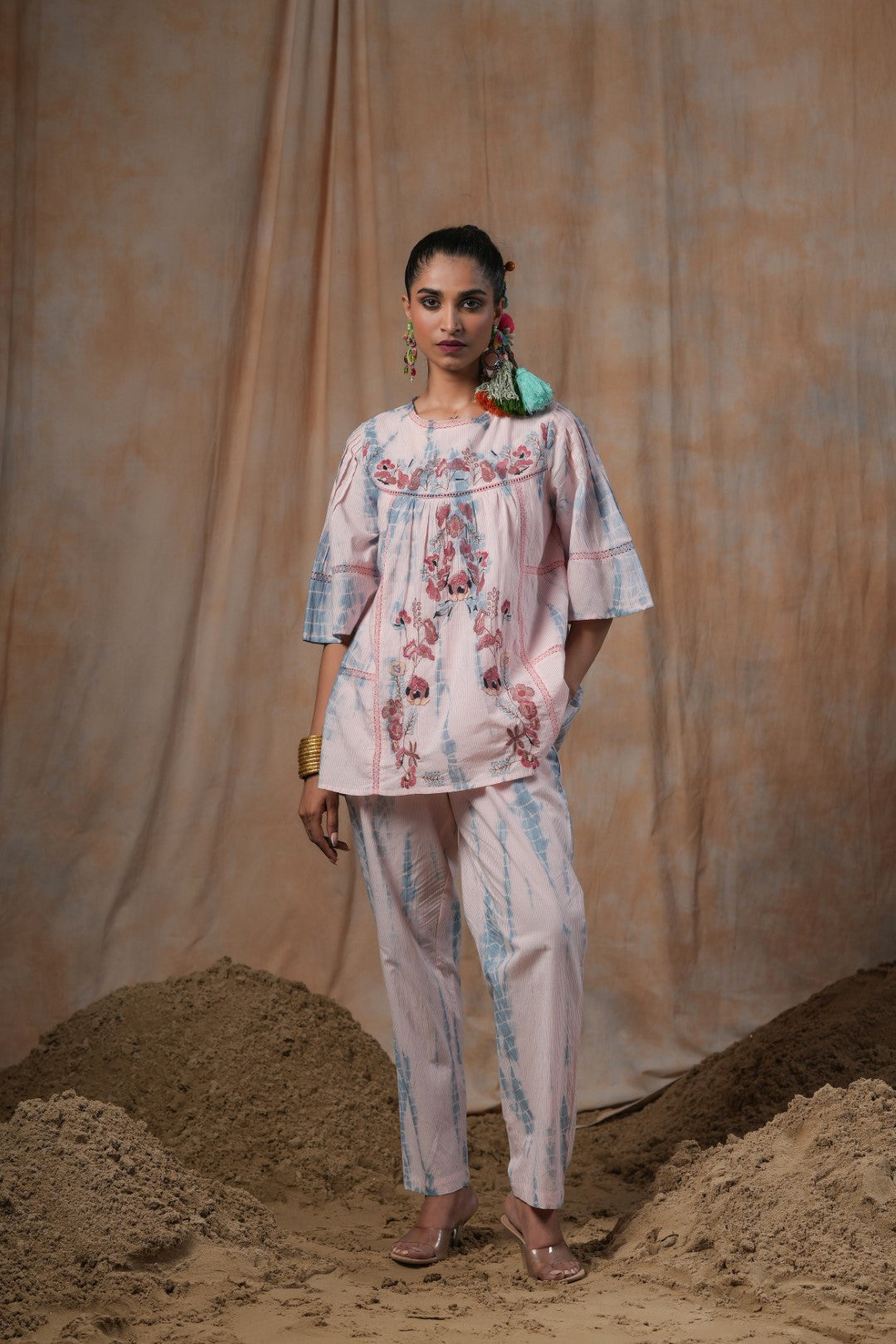 Women Cotton Tie-Dye  Embroidered Lace Work Co-Ord Set