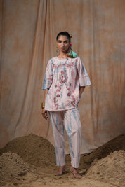 Women Cotton Tie-Dye  Embroidered Lace Work Co-Ord Set