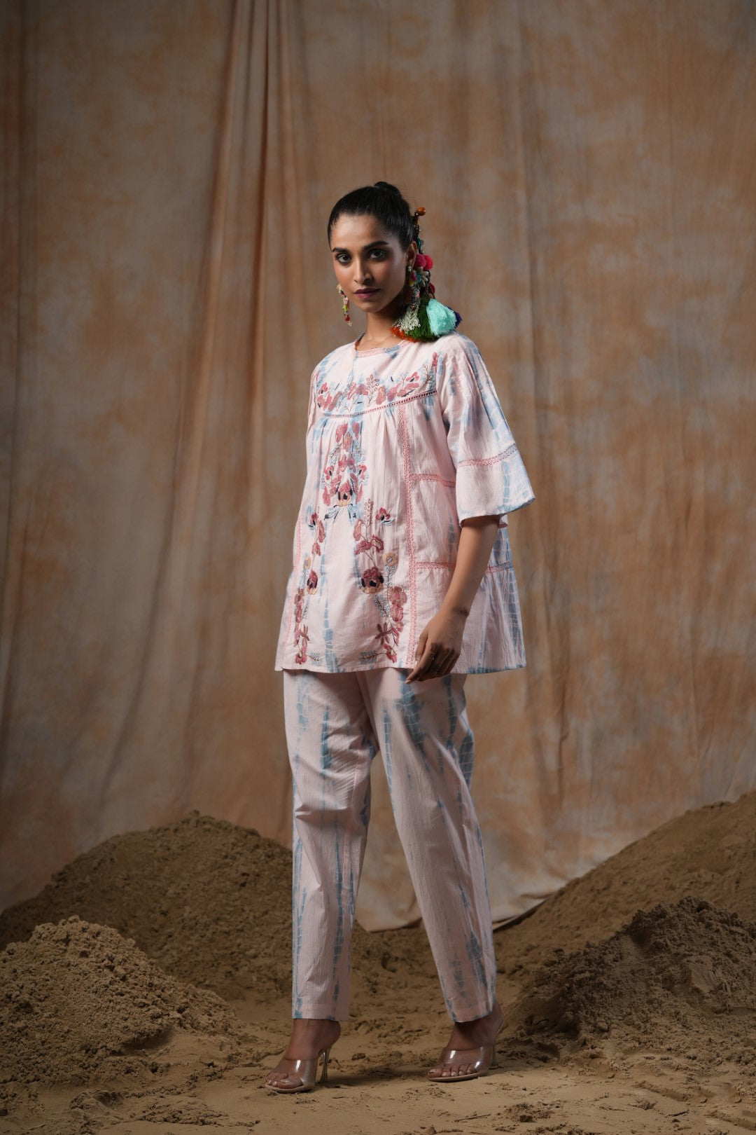 Women Cotton Tie-Dye  Embroidered Lace Work Co-Ord Set