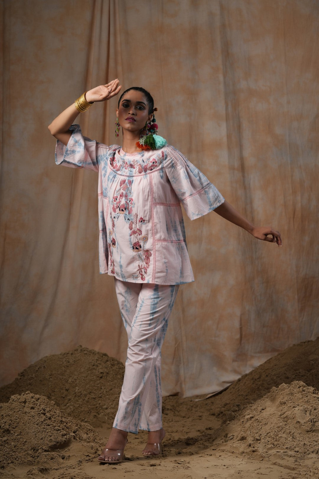 Women Cotton Tie-Dye  Embroidered Lace Work Co-Ord Set
