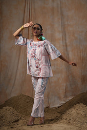 Women Cotton Tie-Dye  Embroidered Lace Work Co-Ord Set