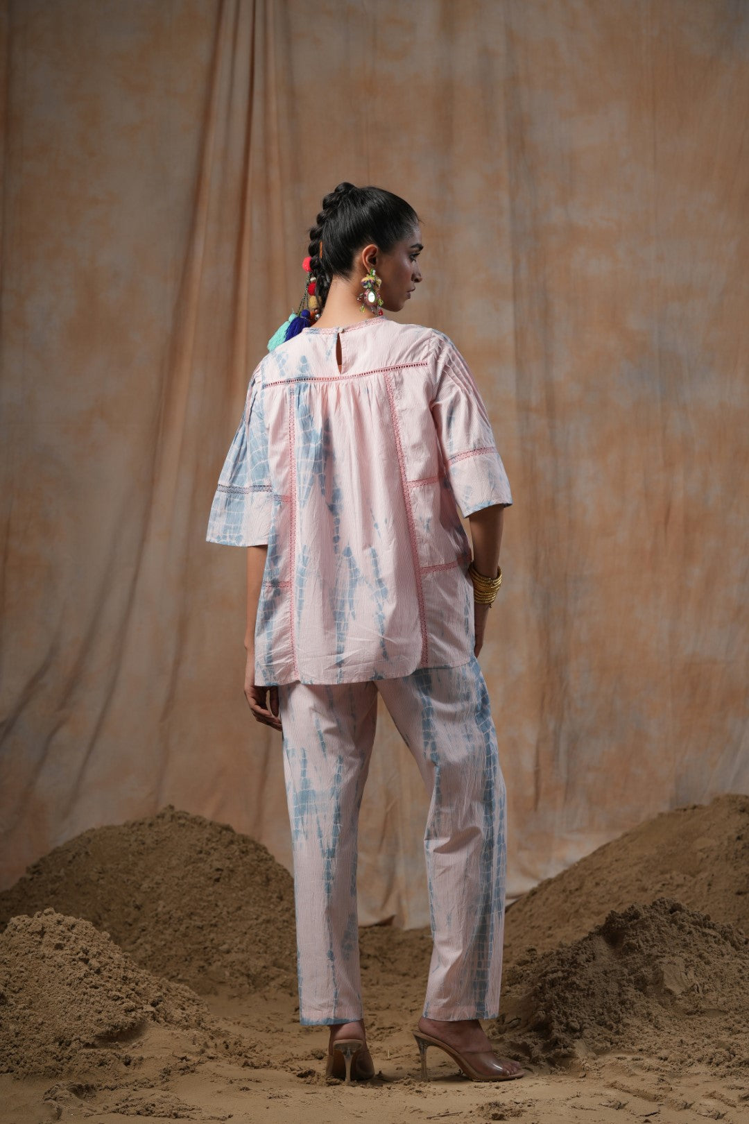 Women Cotton Tie-Dye  Embroidered Lace Work Co-Ord Set