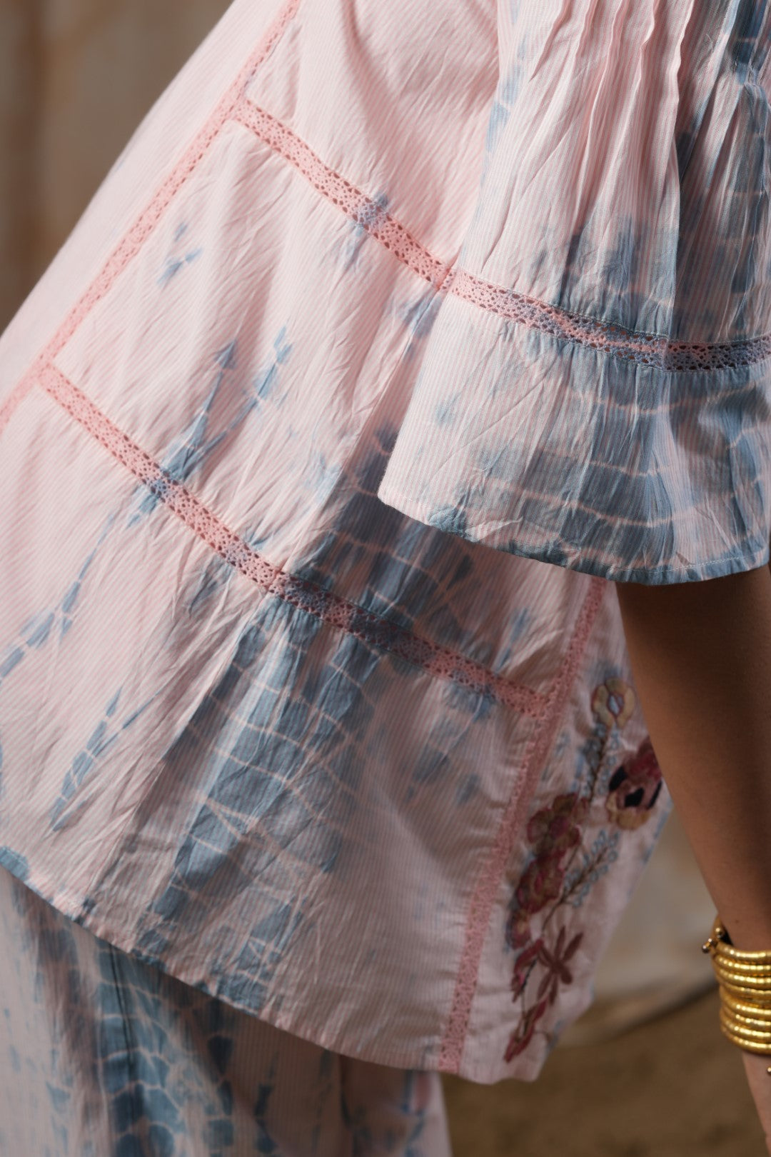 Women Cotton Tie-Dye  Embroidered Lace Work Co-Ord Set