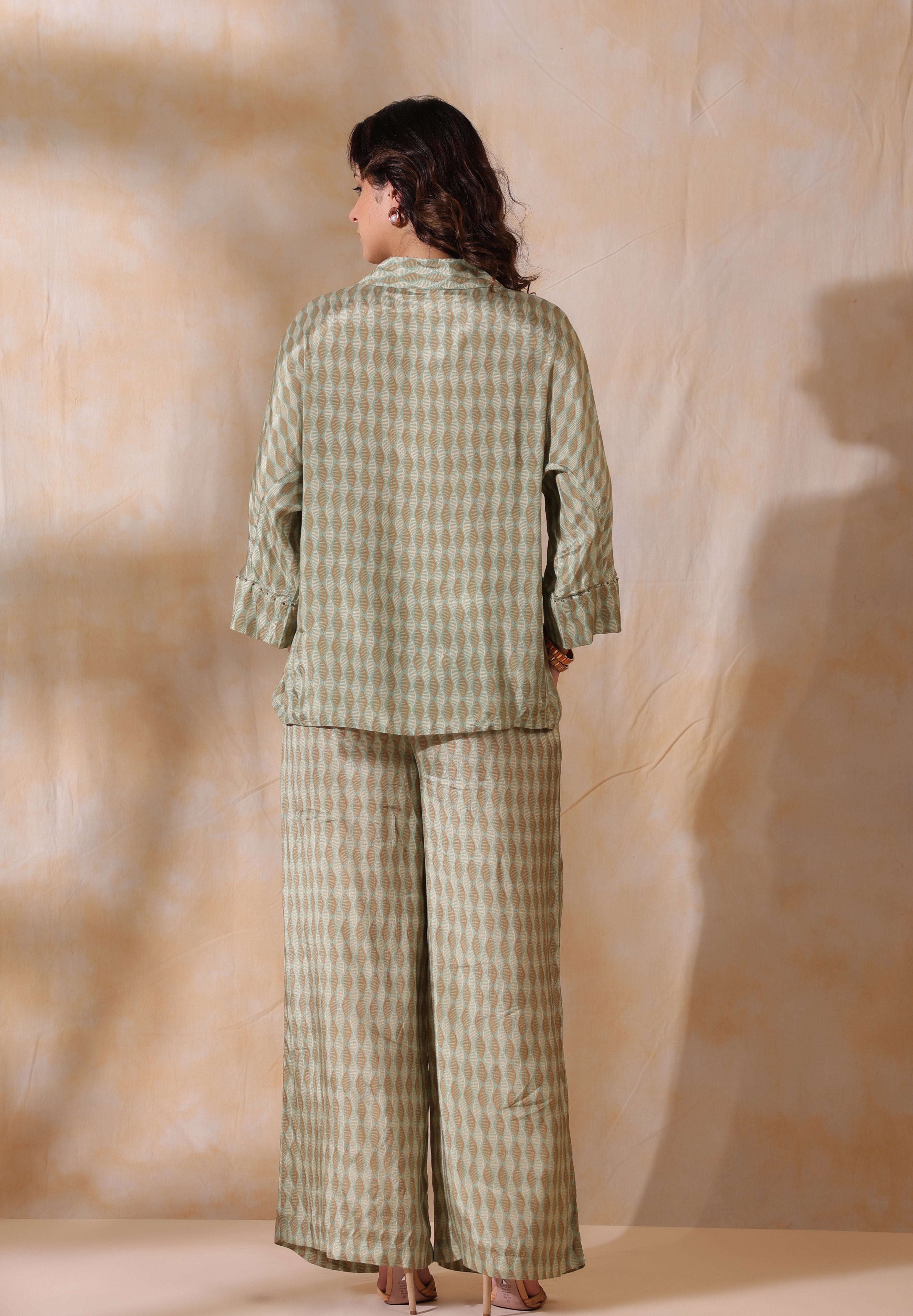 Women Green Printed  Viscose Santoon Fabric Co-Ord Set with Hand Work