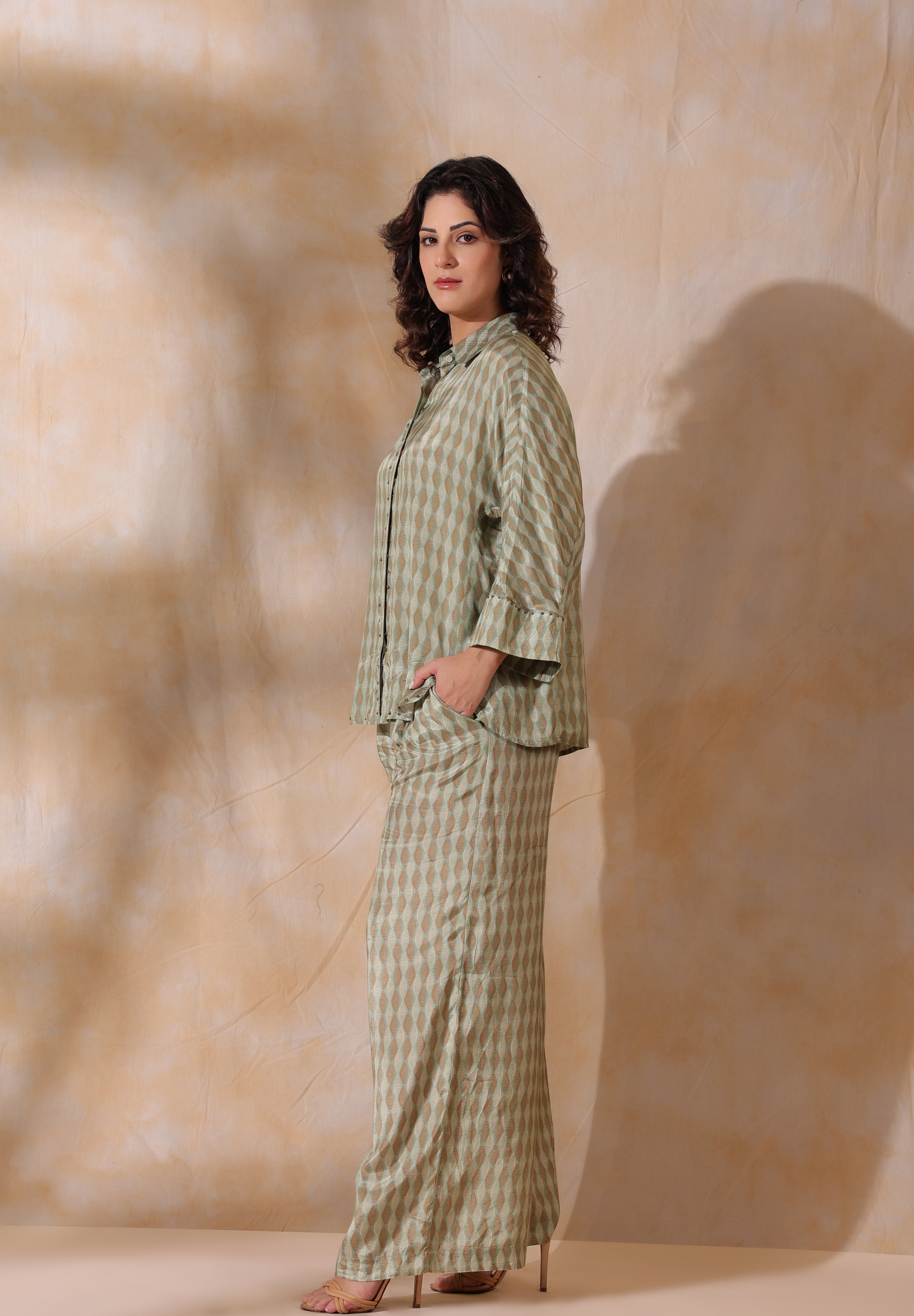 Women Green Printed  Viscose Santoon Fabric Co-Ord Set with Hand Work