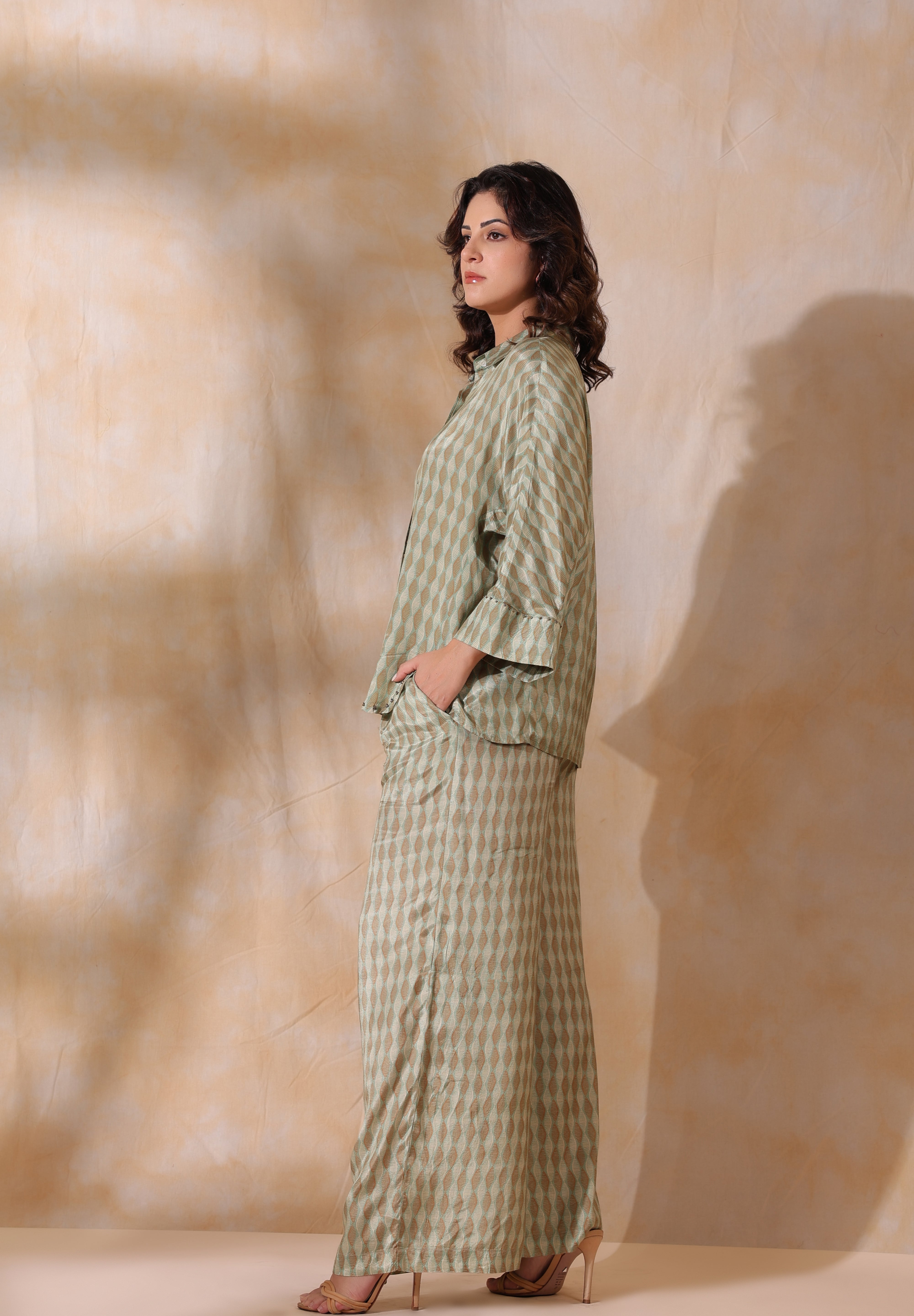 Women Green Printed  Viscose Santoon Fabric Co-Ord Set with Hand Work