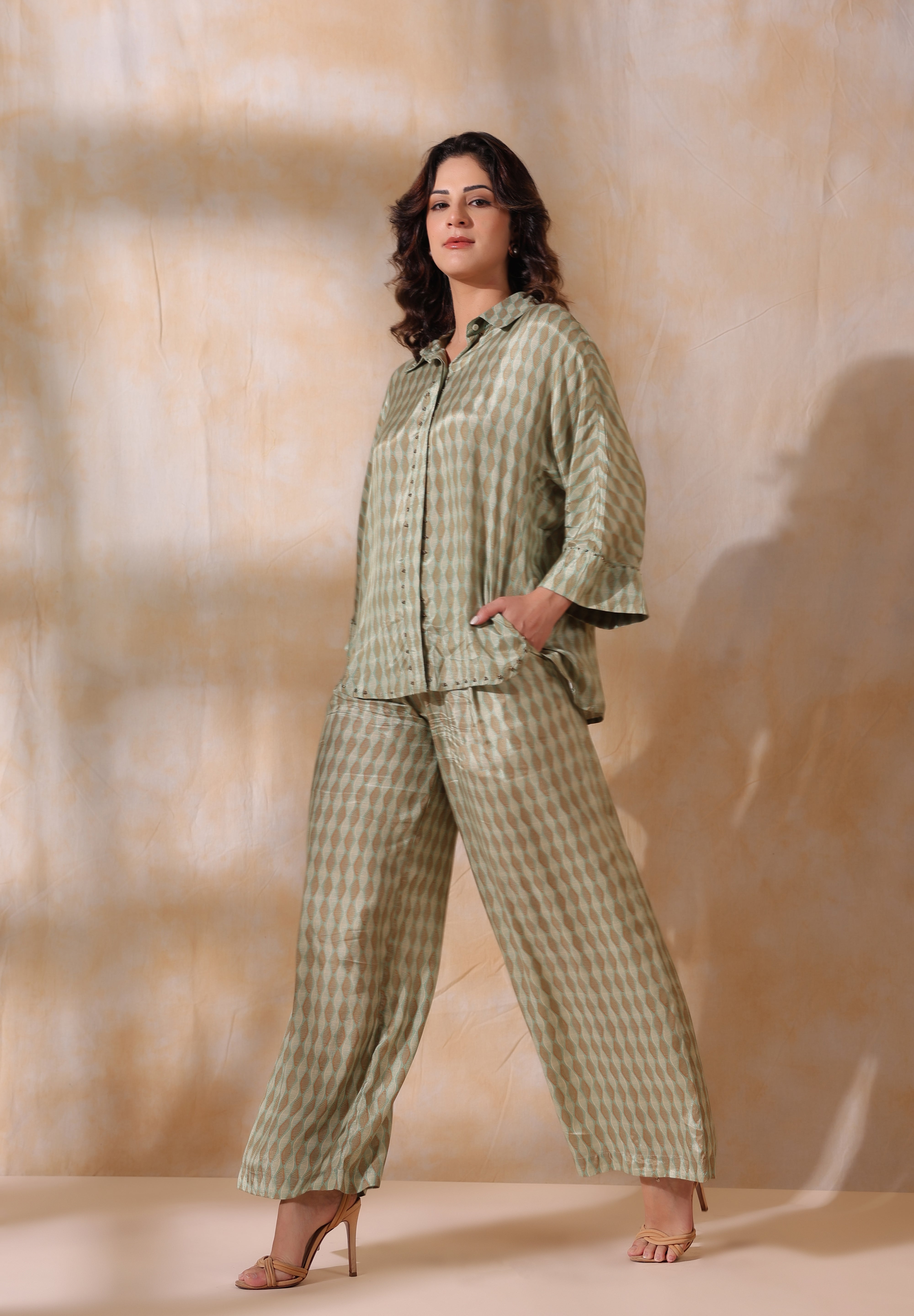 Women Green Printed  Viscose Santoon Fabric Co-Ord Set with Hand Work
