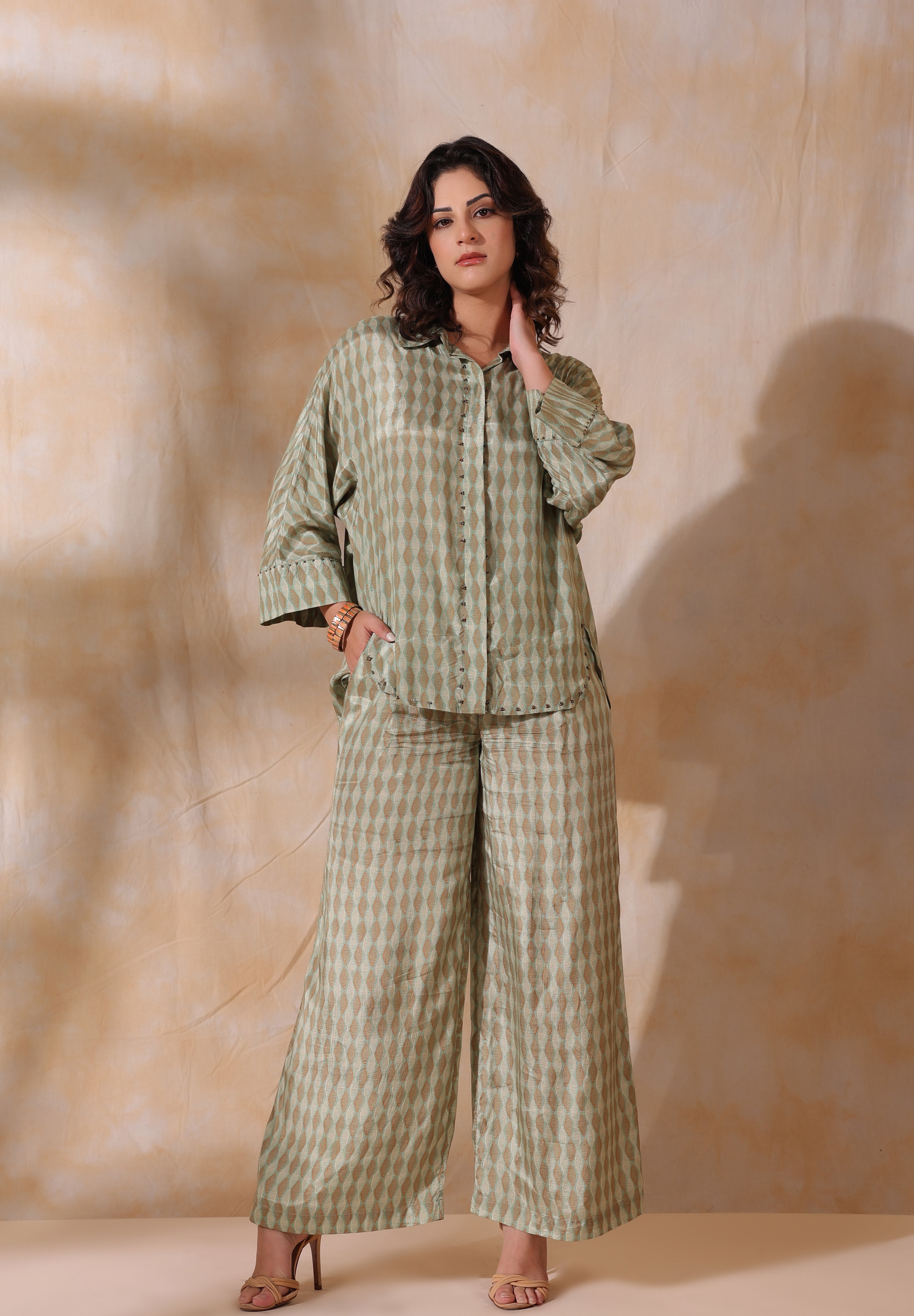 Women Green Printed  Viscose Santoon Fabric Co-Ord Set with Hand Work