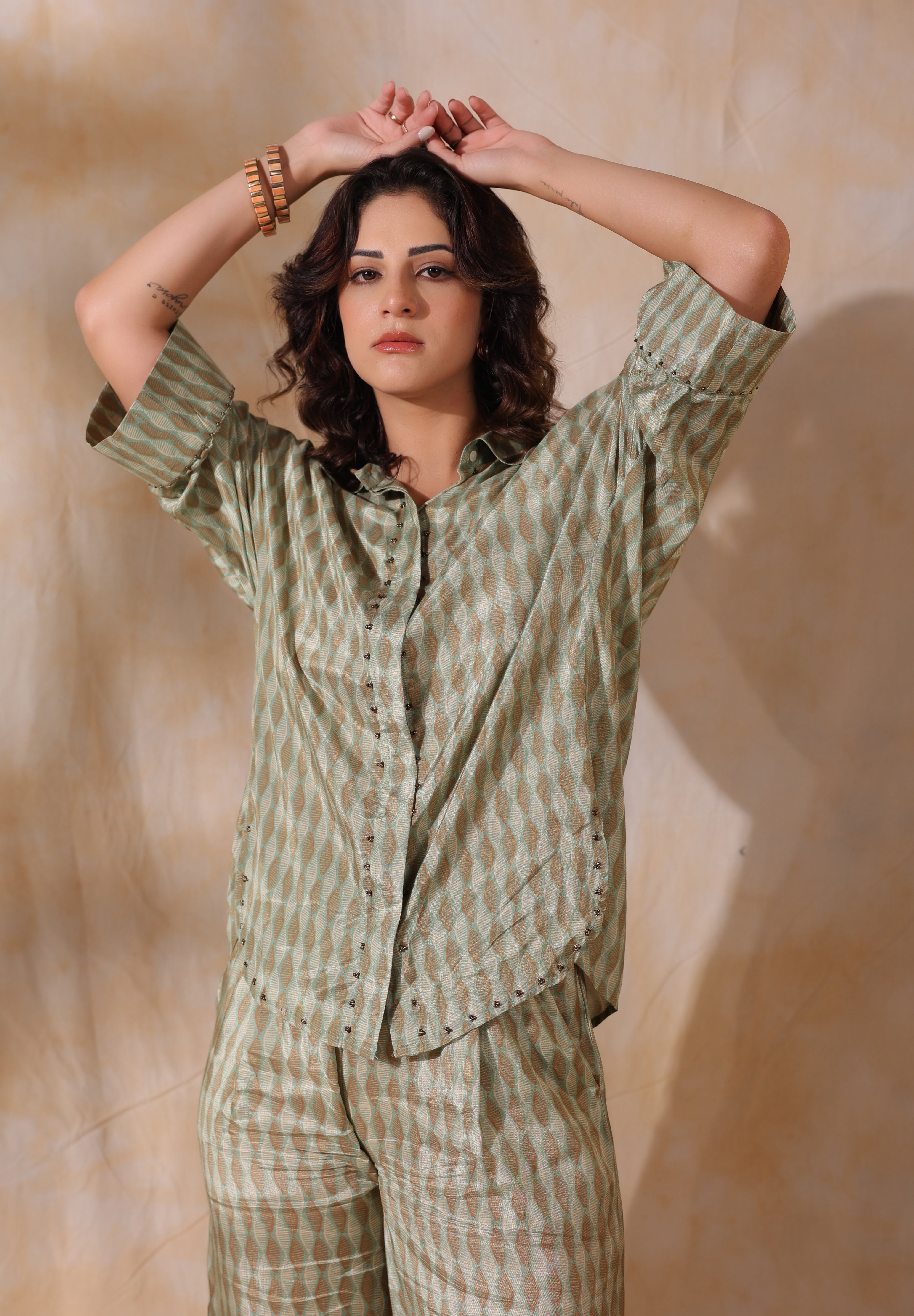 Women Green Printed  Viscose Santoon Fabric Co-Ord Set with Hand Work