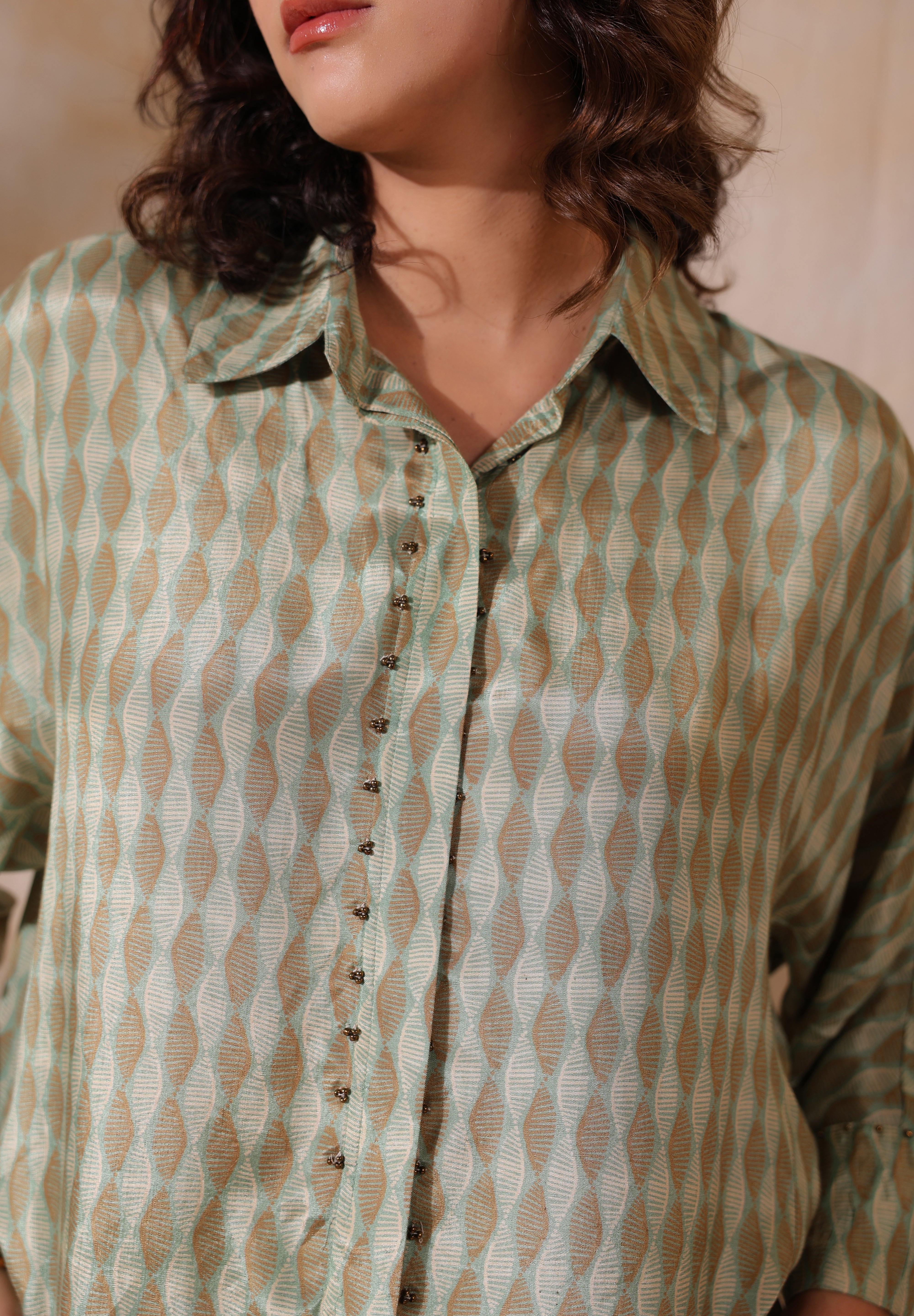 Women Green Printed  Viscose Santoon Fabric Co-Ord Set with Hand Work