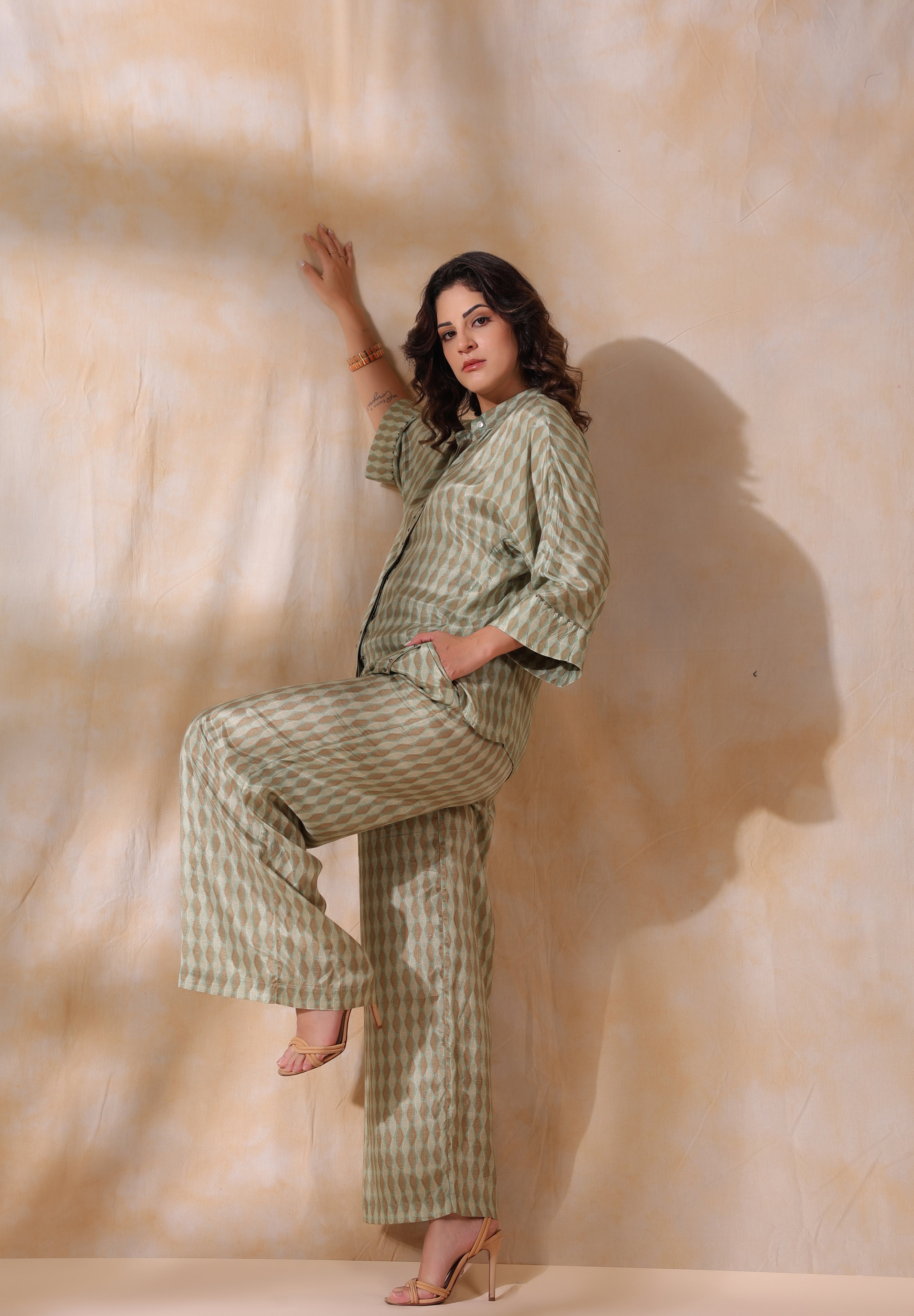 Women Green Printed  Viscose Santoon Fabric Co-Ord Set with Hand Work