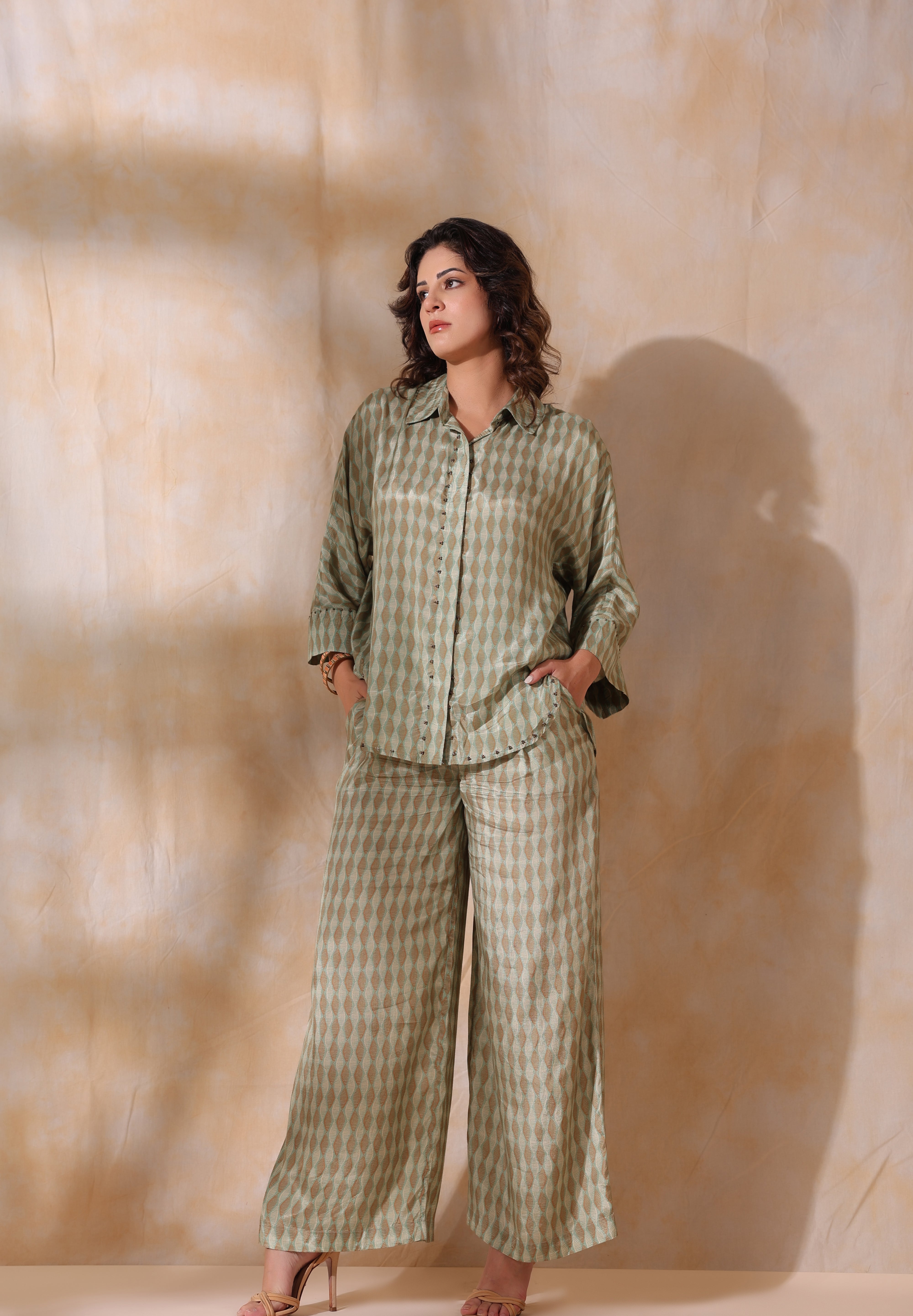 Women Green Printed  Viscose Santoon Fabric Co-Ord Set with Hand Work