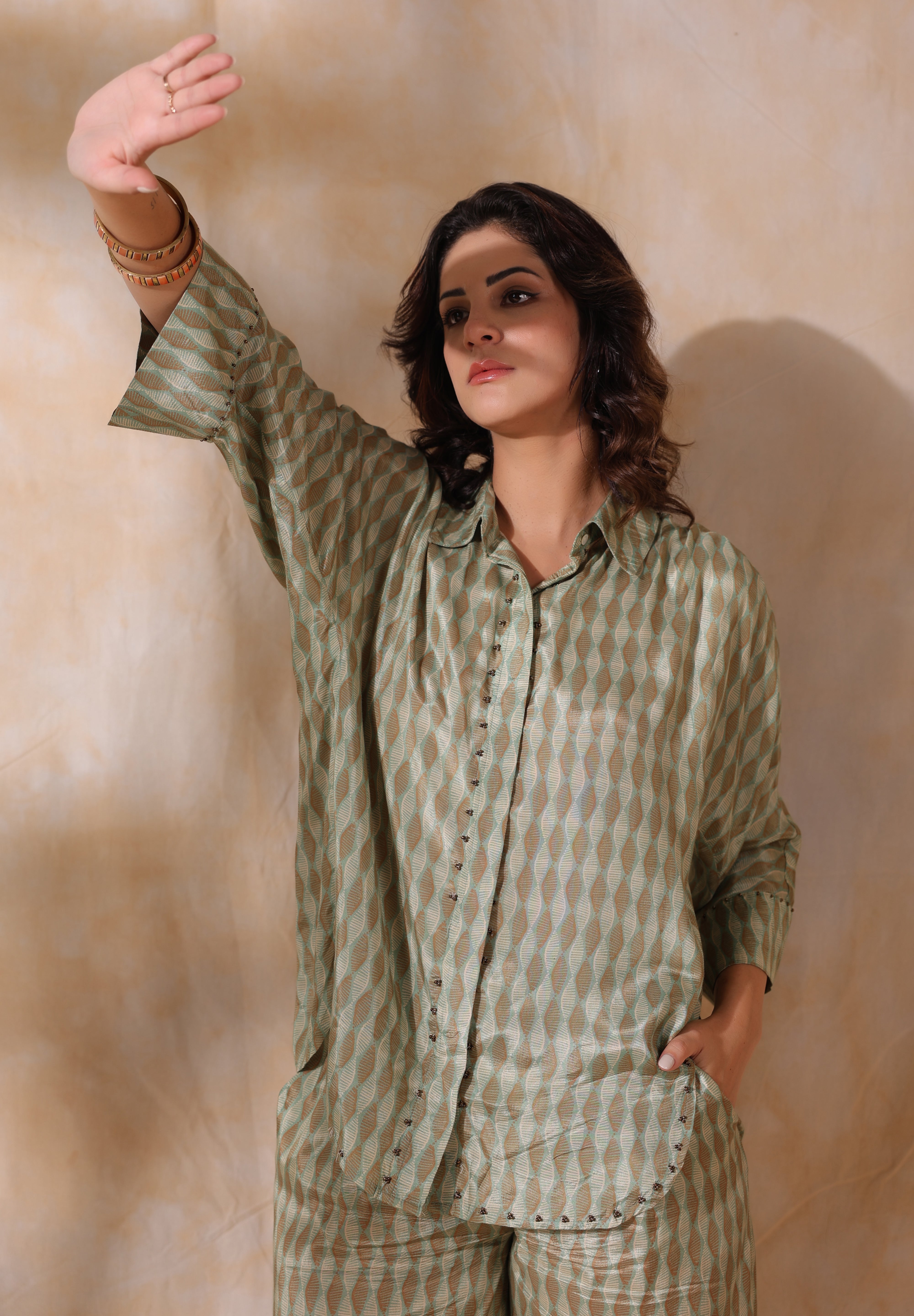 Women Green Printed  Viscose Santoon Fabric Co-Ord Set with Hand Work