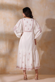 Women White Cotton Dobby Embroidery Long Dress