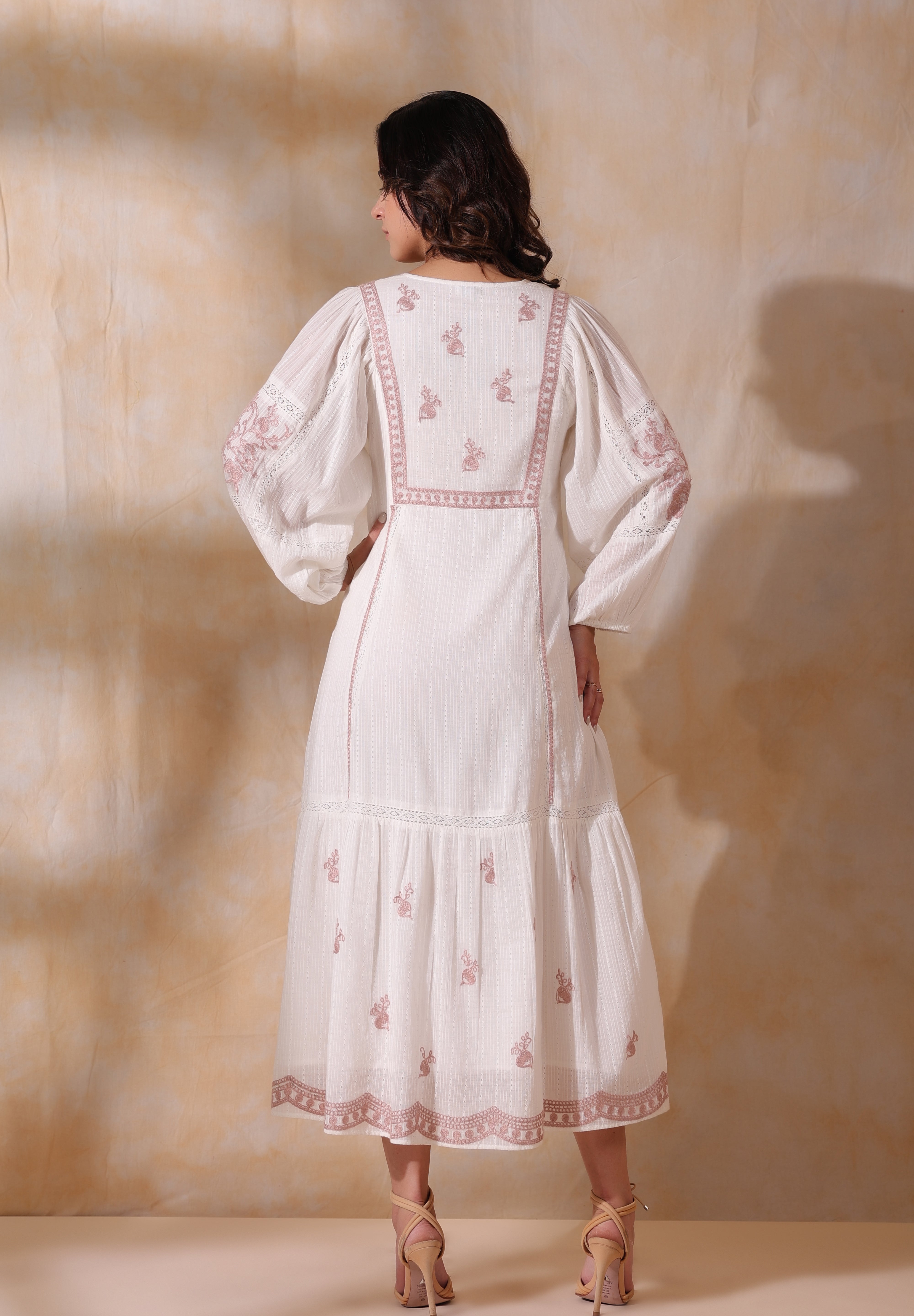 Women White Cotton Dobby Embroidery Long Dress