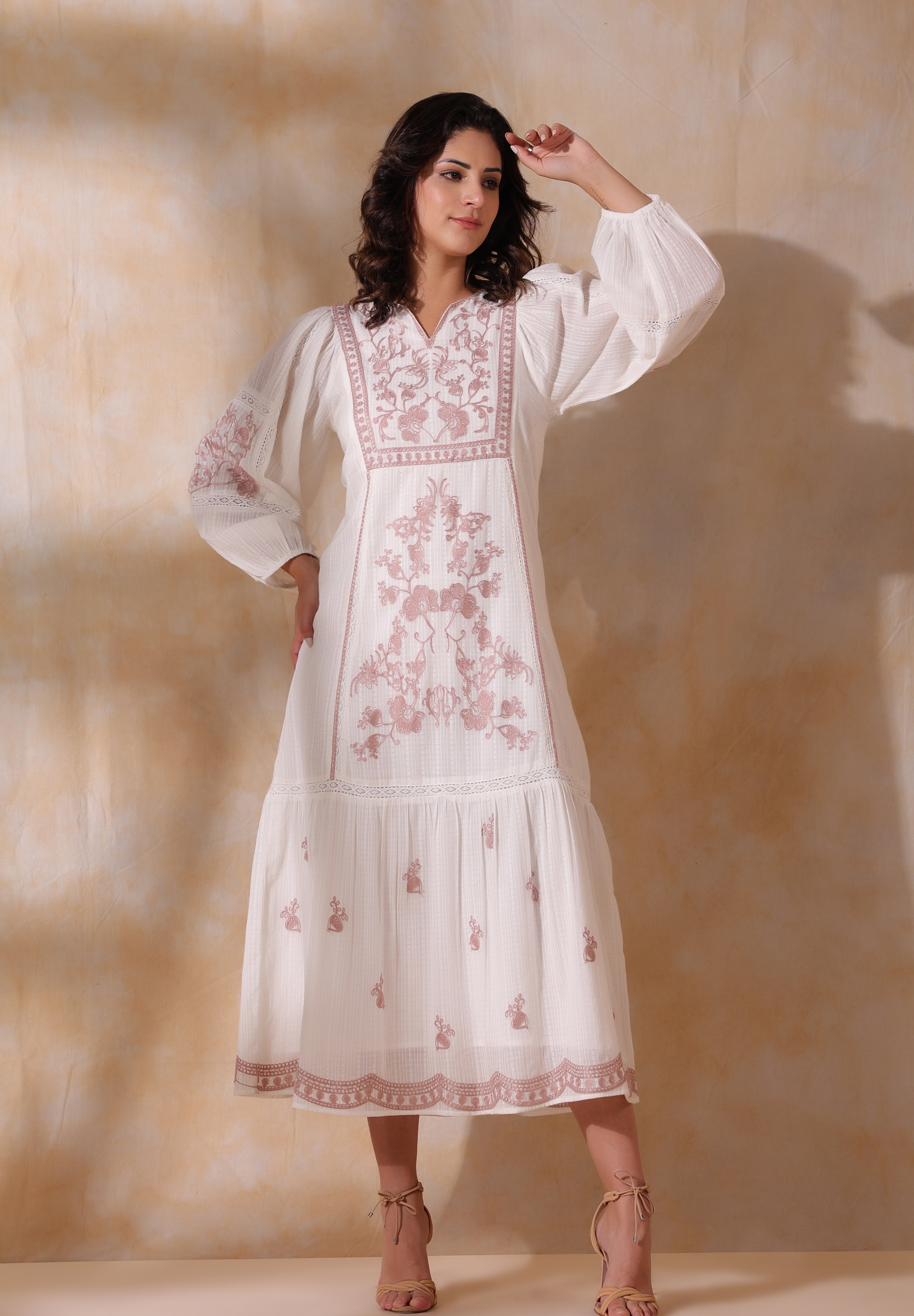 Women White Cotton Dobby Embroidery Long Dress