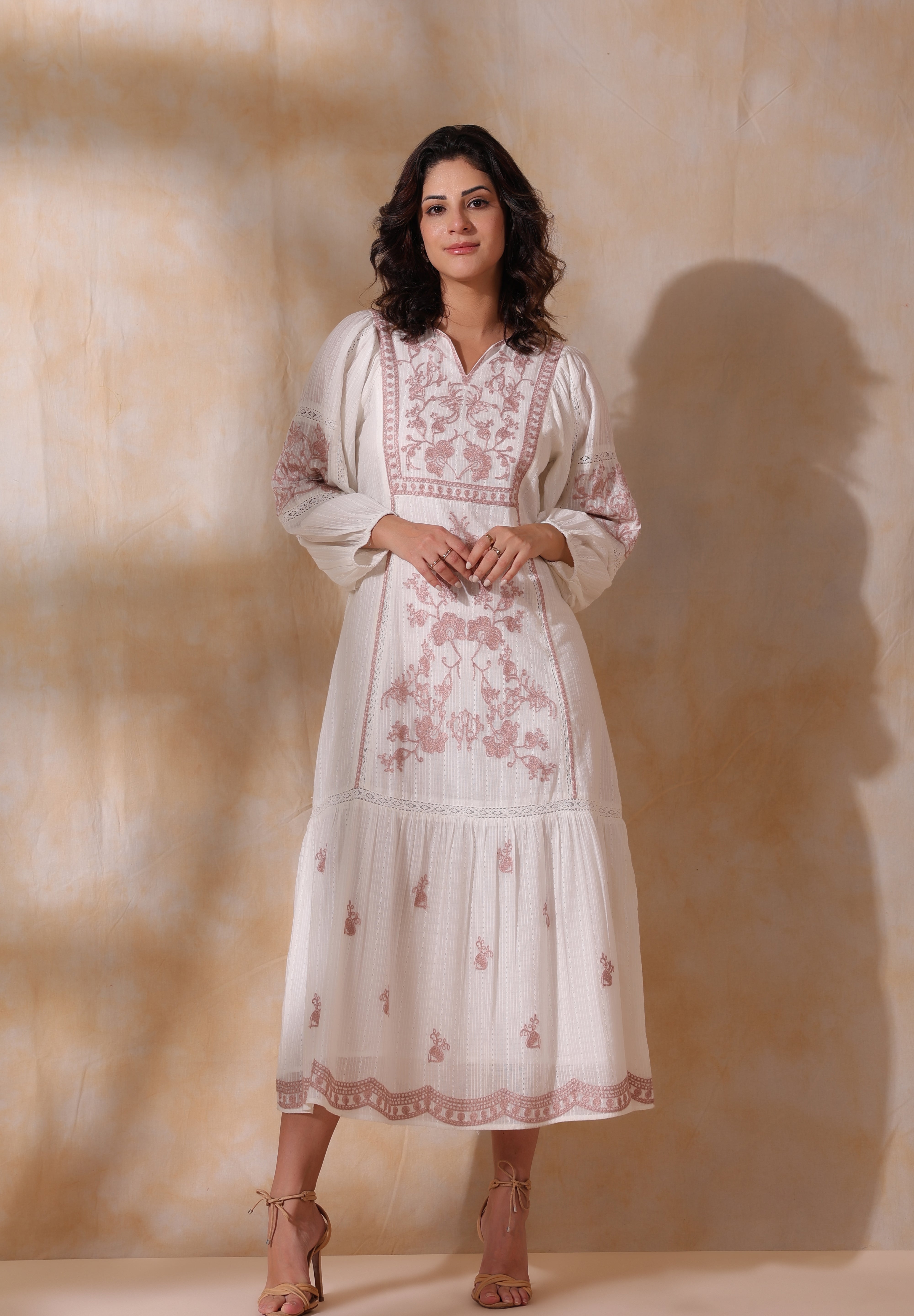 Women White Cotton Dobby Embroidery Long Dress