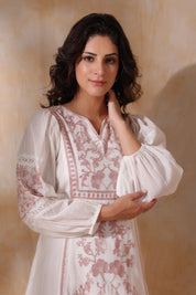 Women White Cotton Dobby Embroidery Long Dress