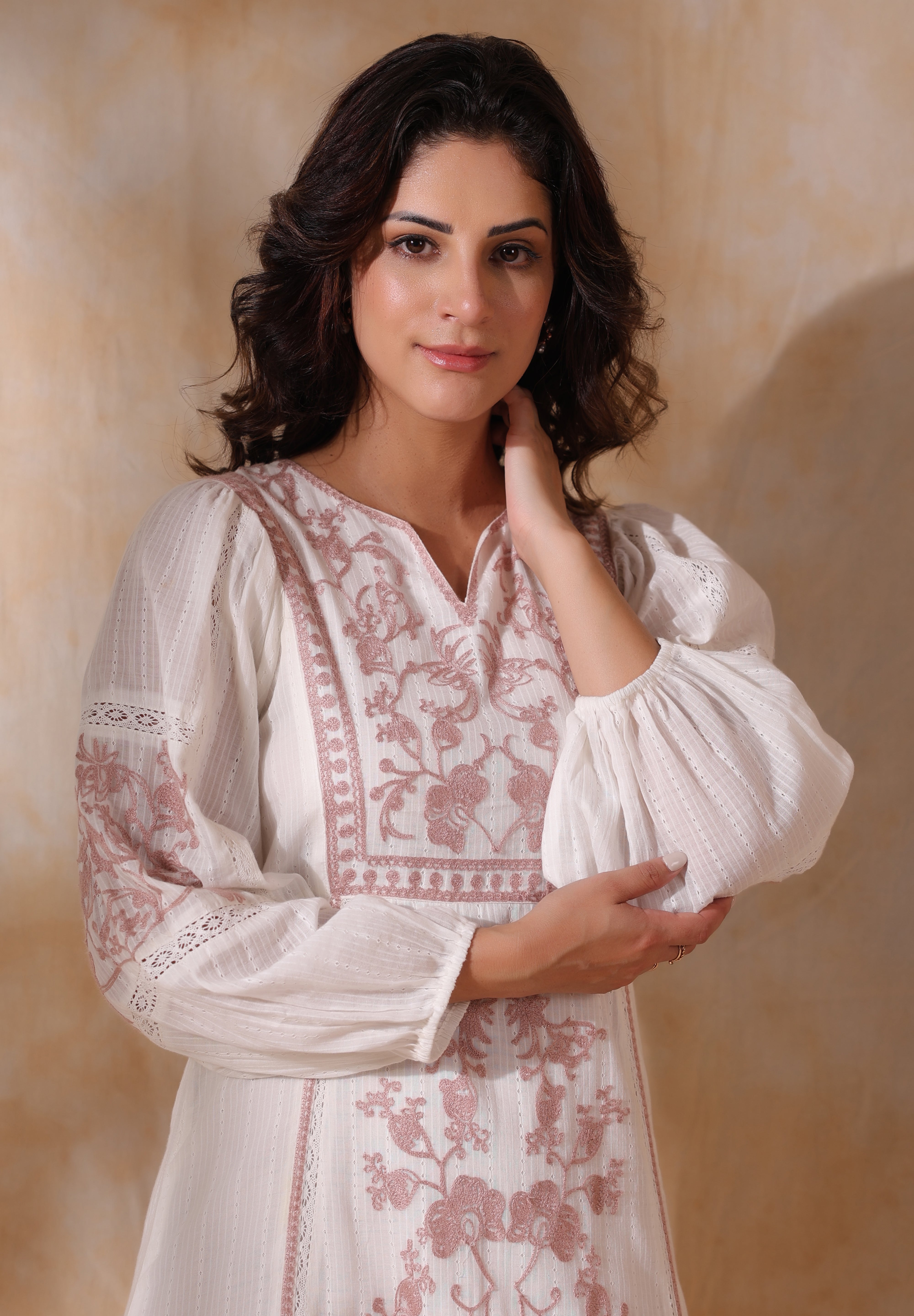 Women White Cotton Dobby Embroidery Long Dress