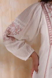 Women White Cotton Dobby Embroidery Long Dress