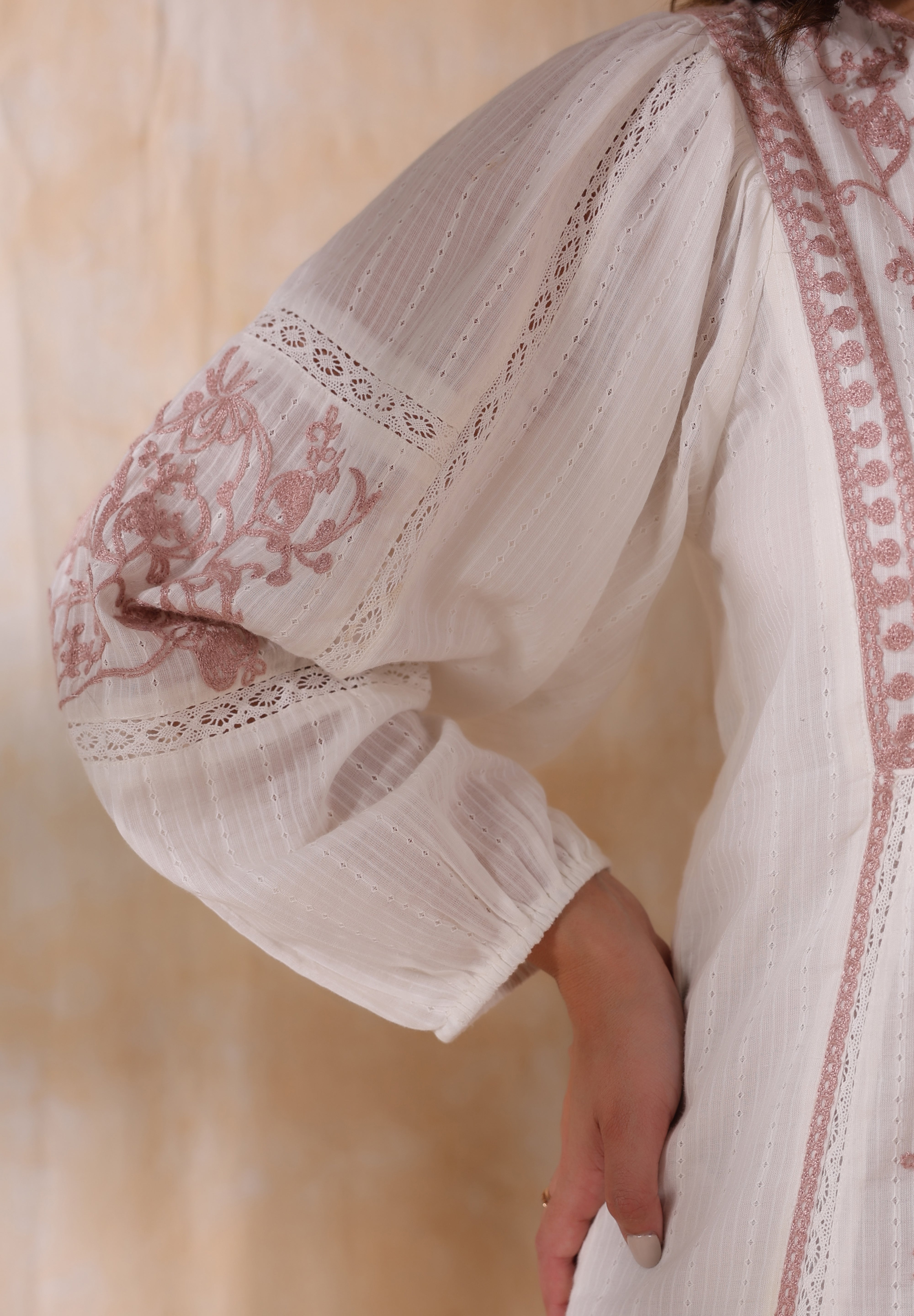 Women White Cotton Dobby Embroidery Long Dress