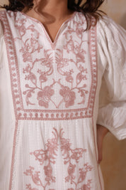 Women White Cotton Dobby Embroidery Long Dress