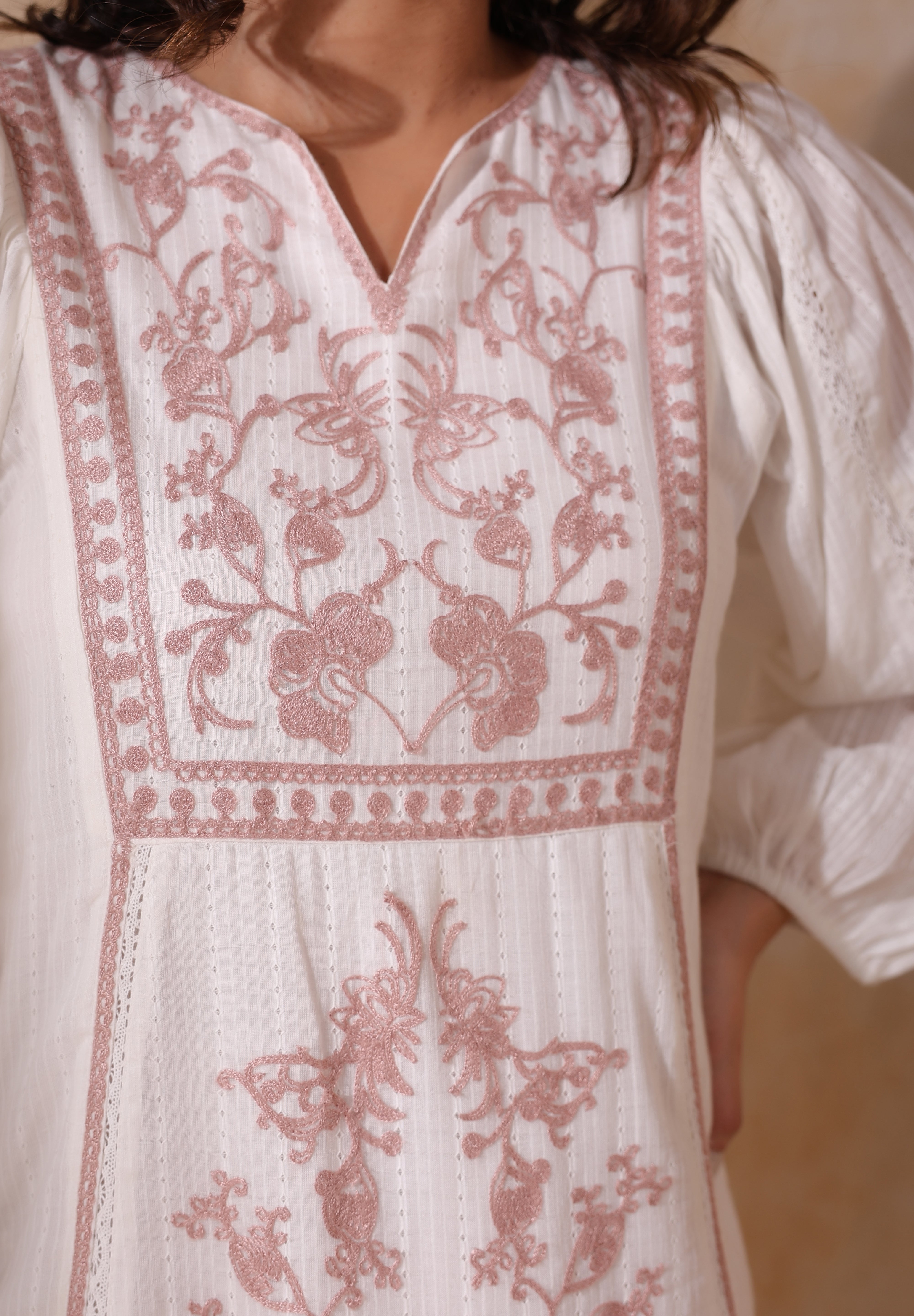 Women White Cotton Dobby Embroidery Long Dress