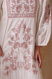 Women White Cotton Dobby Embroidery Long Dress