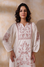 Women White Cotton Dobby Embroidery Long Dress