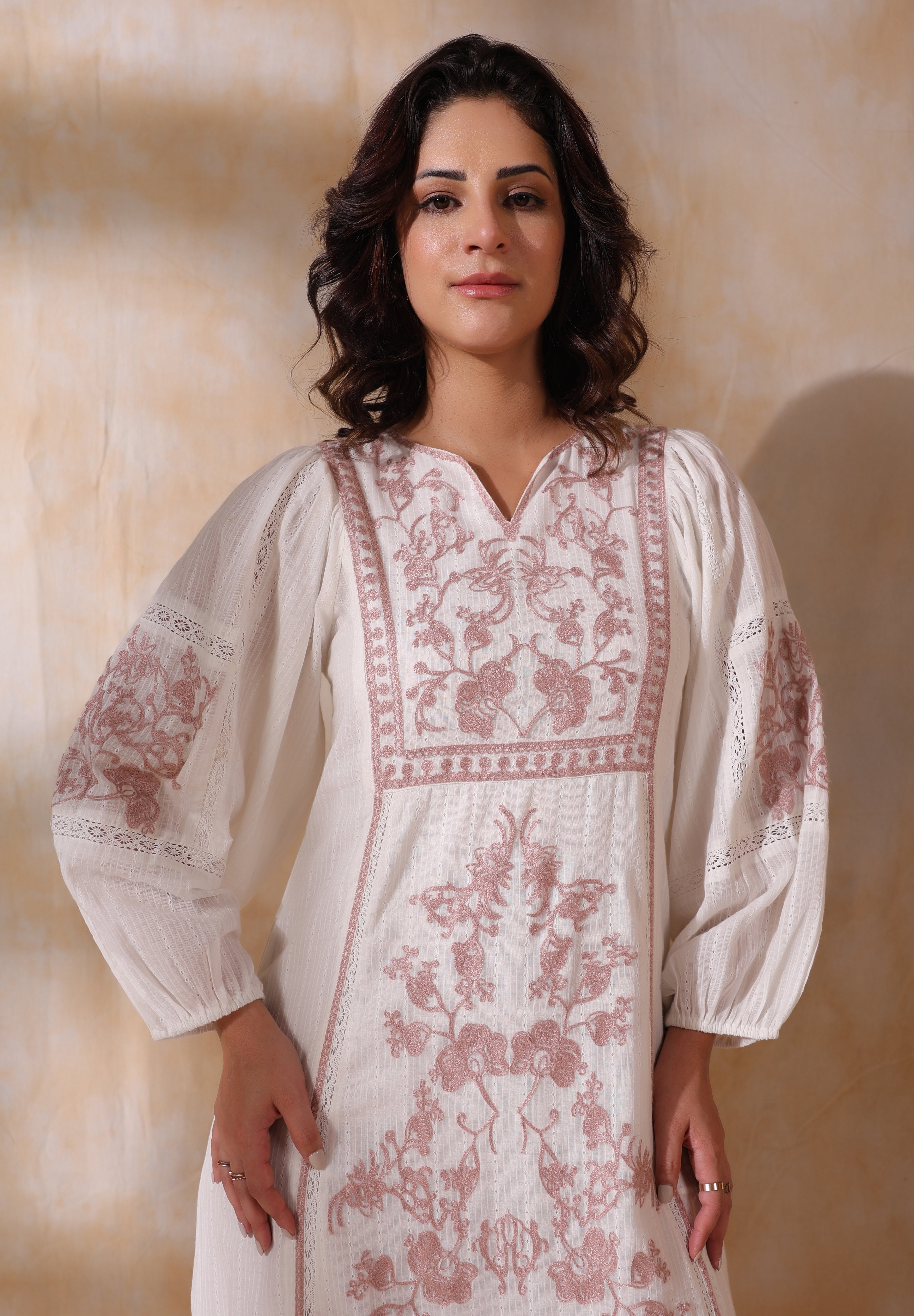 Women White Cotton Dobby Embroidery Long Dress