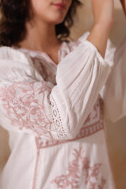Women White Cotton Dobby Embroidery Long Dress