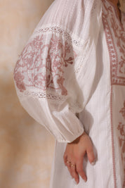 Women White Cotton Dobby Embroidery Long Dress
