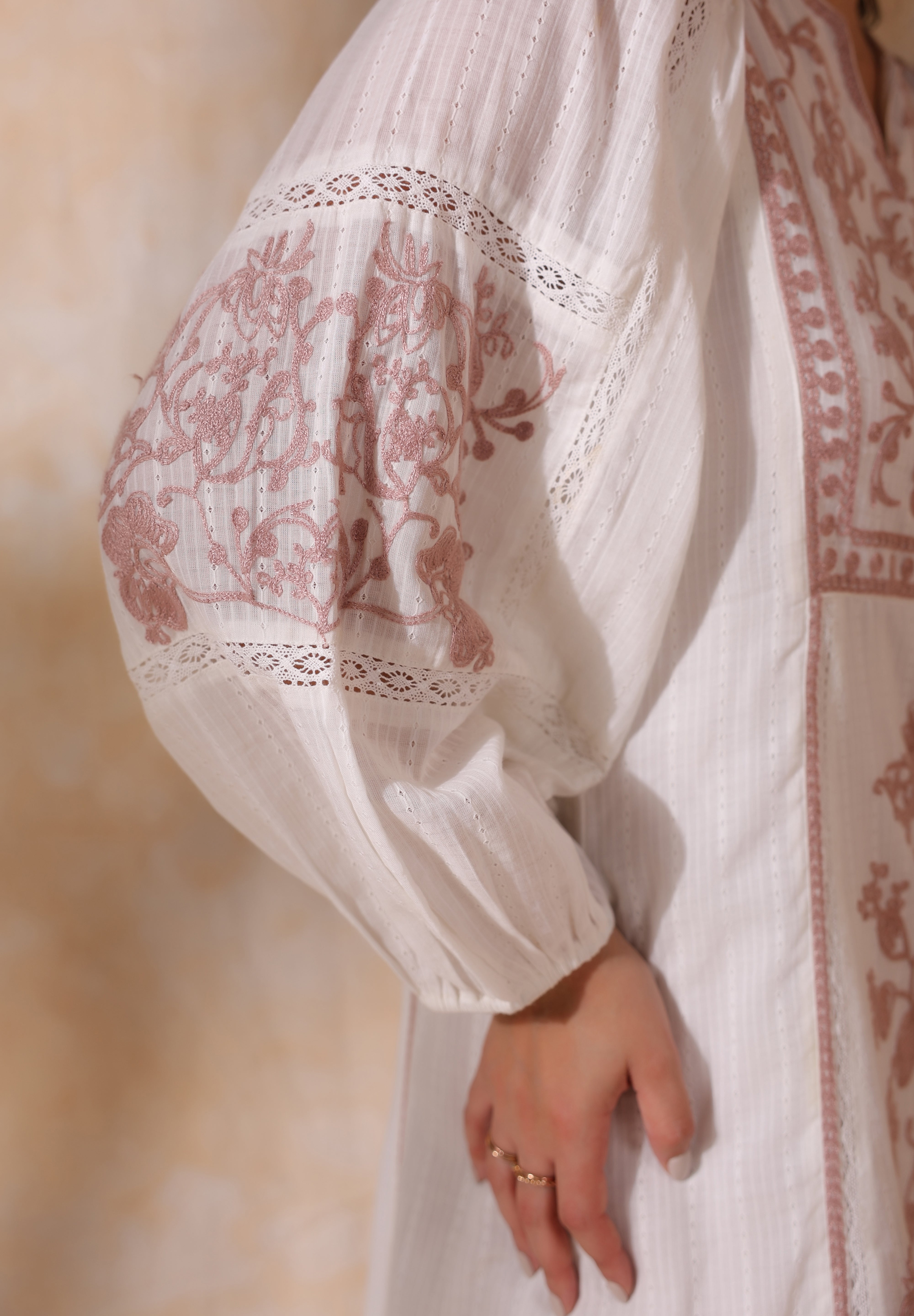 Women White Cotton Dobby Embroidery Long Dress