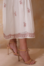 Women White Cotton Dobby Embroidery Long Dress