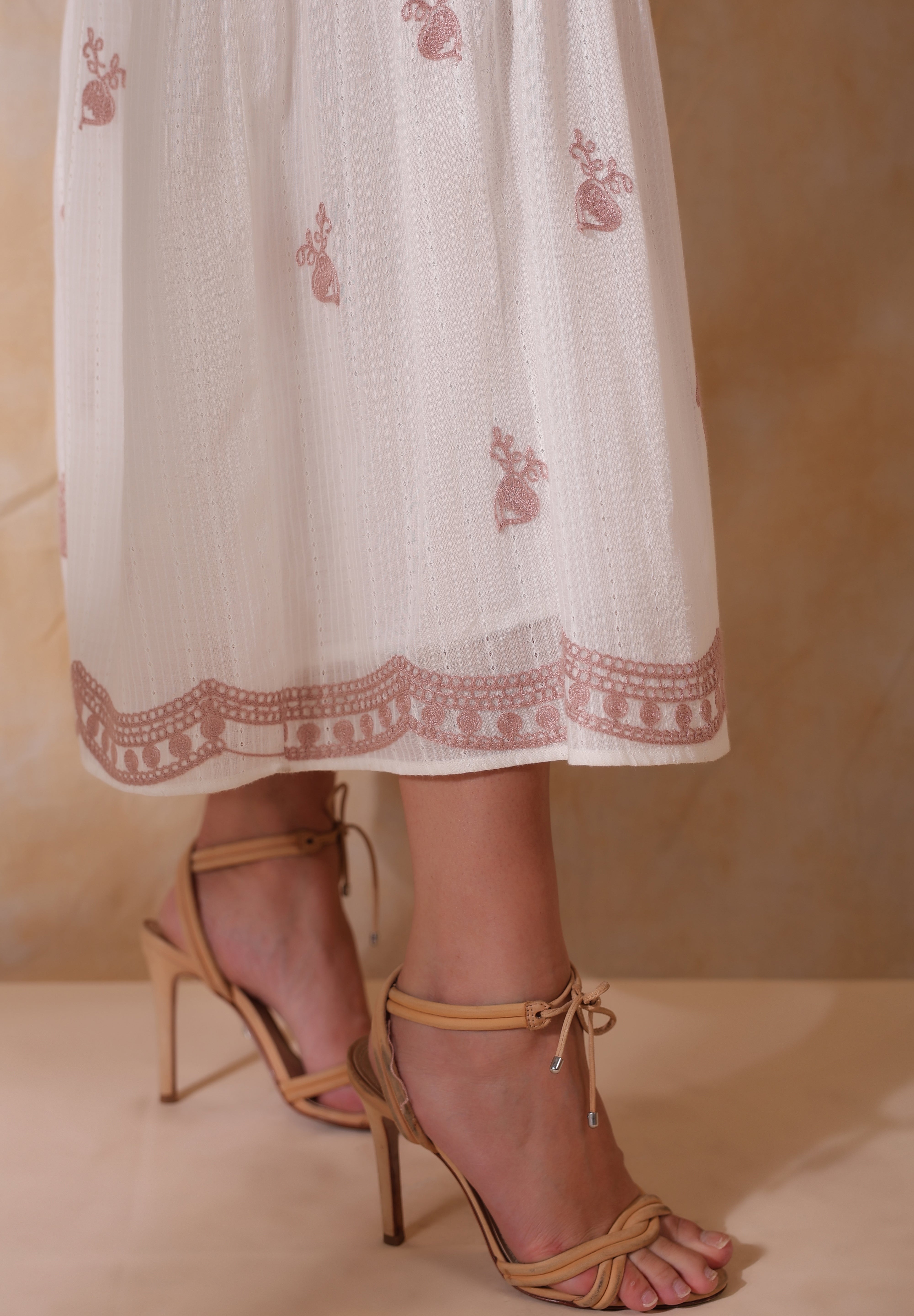 Women White Cotton Dobby Embroidery Long Dress