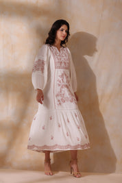 Women White Cotton Dobby Embroidery Long Dress