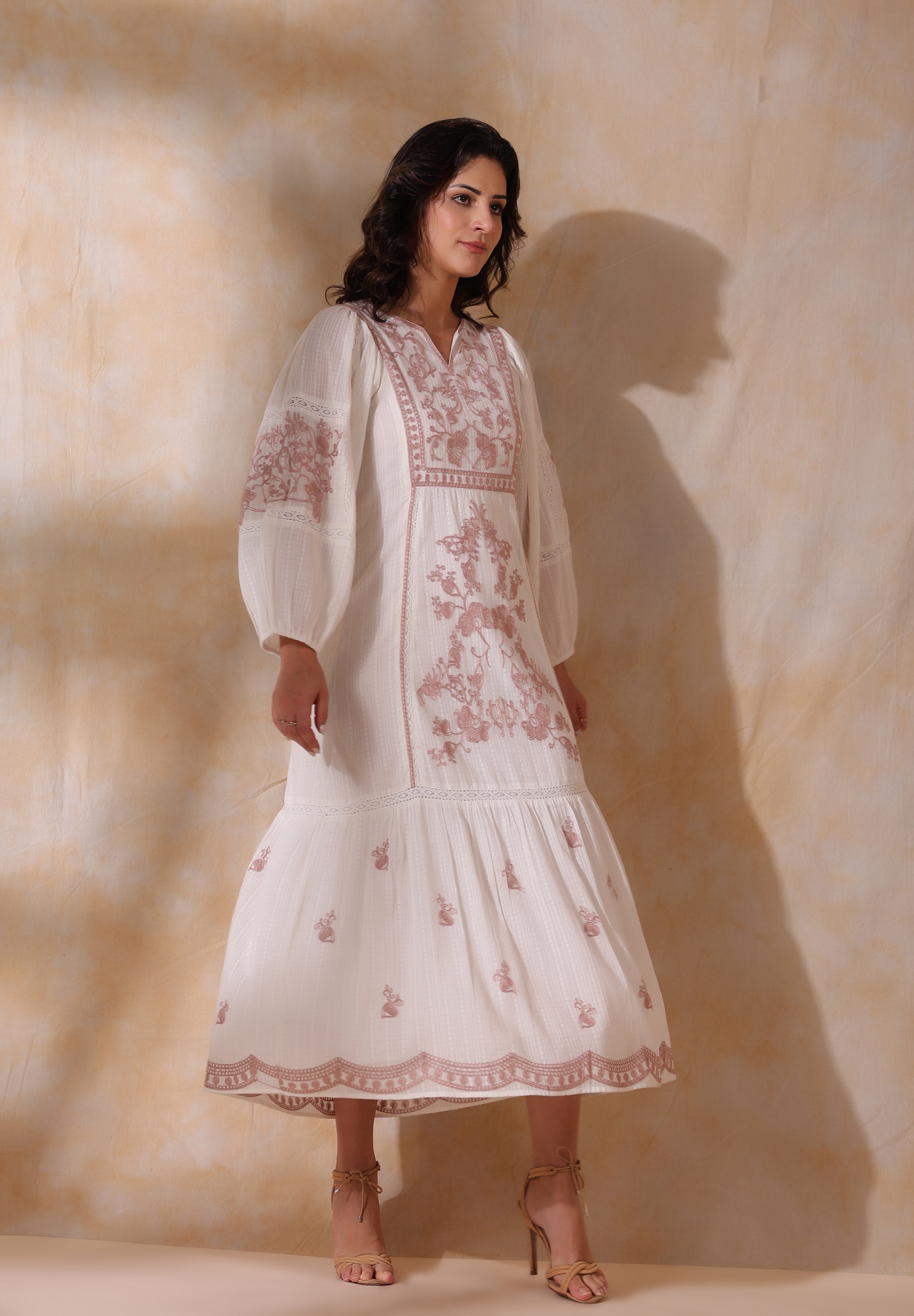 Women White Cotton Dobby Embroidery Long Dress